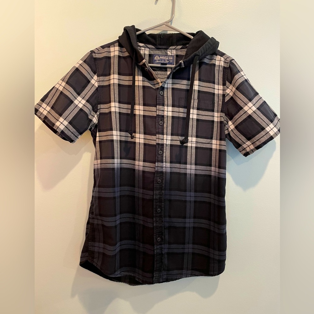 Men’s Plaid Ombré Hooded Shirt, Small
